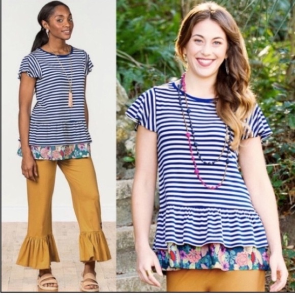 Matilda Jane Tops - Matilda Jane Striped Navigator Ruffle Floral Top Small